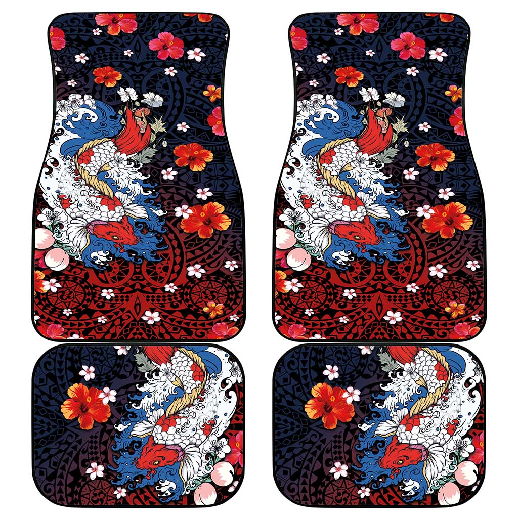 Hawaiian and Japanese Together Car Mats Hibiscus and Koi Fish Polynesian Pattern Colorful Style