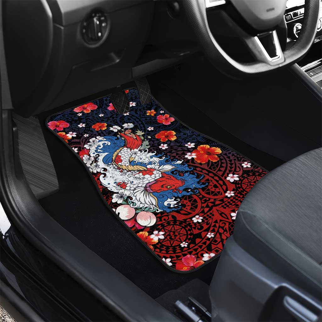 Hawaiian and Japanese Together Car Mats Hibiscus and Koi Fish Polynesian Pattern Colorful Style