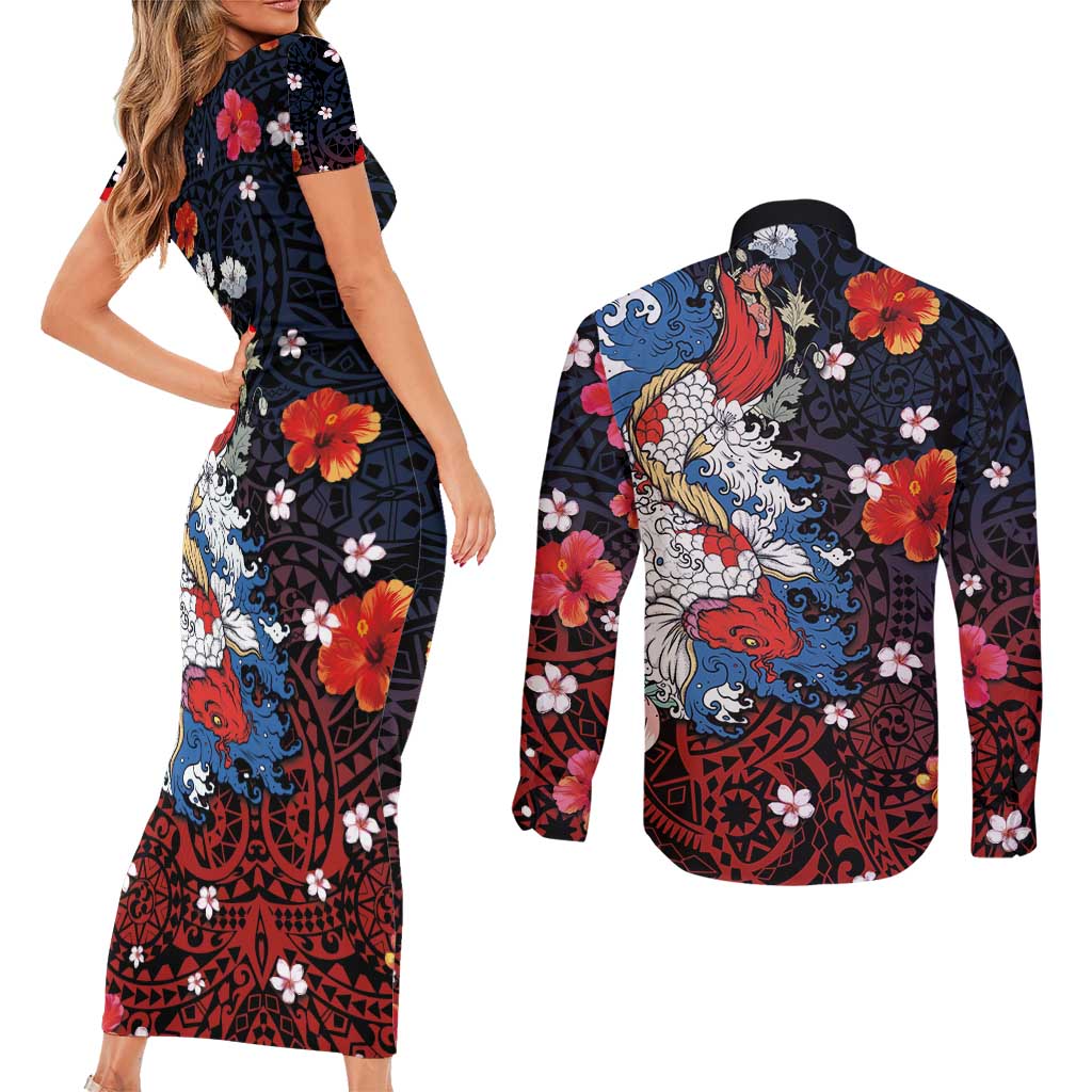 Hawaiian and Japanese Together Couples Matching Short Sleeve Bodycon Dress and Long Sleeve Button Shirt Hibiscus and Koi Fish Polynesian Pattern Colorful Style