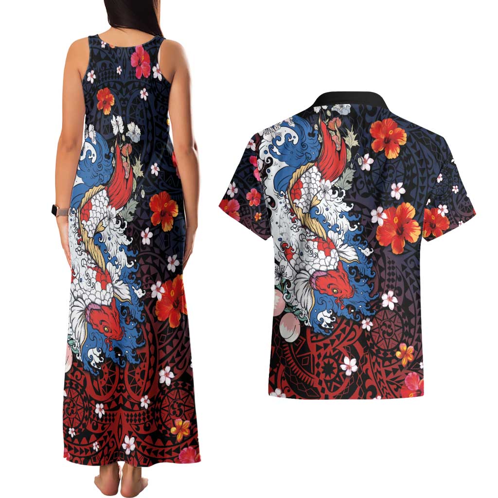 Hawaiian and Japanese Together Couples Matching Tank Maxi Dress and Hawaiian Shirt Hibiscus and Koi Fish Polynesian Pattern Colorful Style