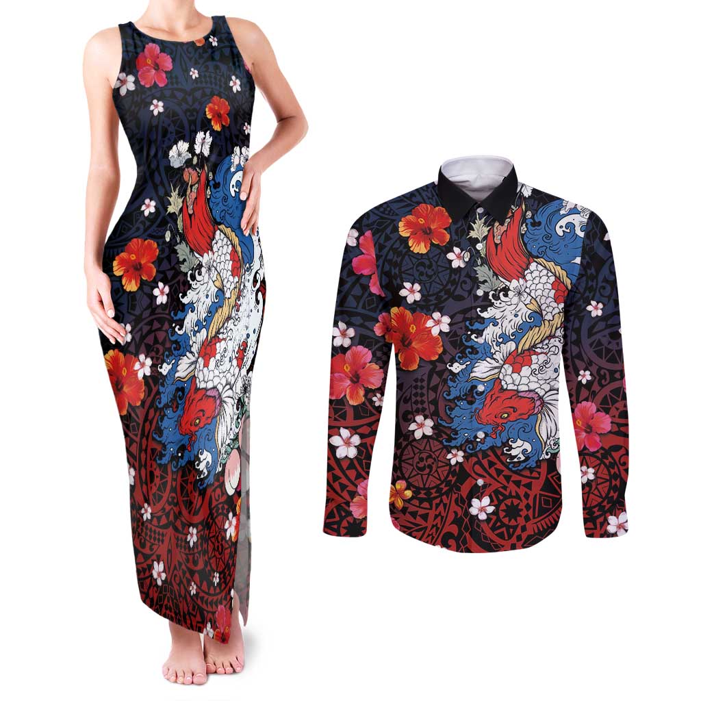 Hawaiian and Japanese Together Couples Matching Tank Maxi Dress and Long Sleeve Button Shirt Hibiscus and Koi Fish Polynesian Pattern Colorful Style