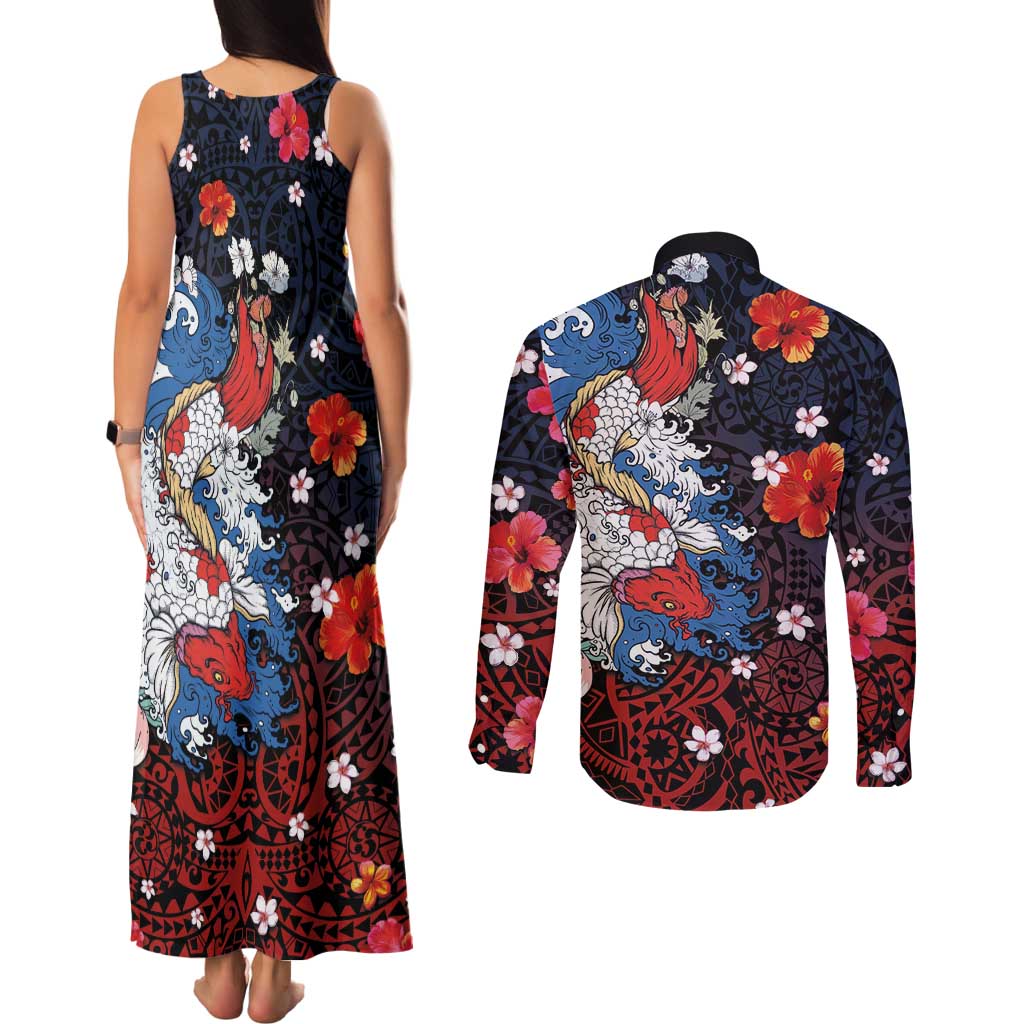 Hawaiian and Japanese Together Couples Matching Tank Maxi Dress and Long Sleeve Button Shirt Hibiscus and Koi Fish Polynesian Pattern Colorful Style