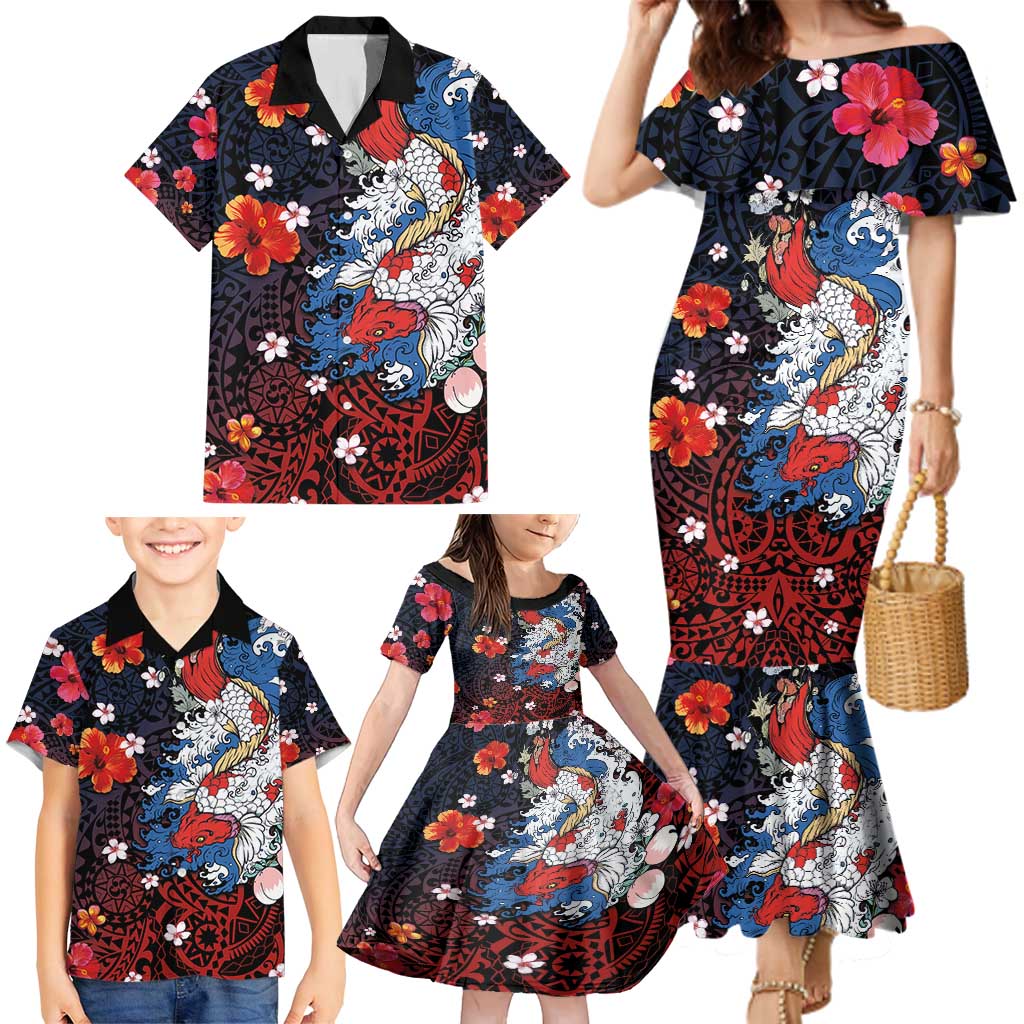 Hawaiian and Japanese Together Family Matching Mermaid Dress and Hawaiian Shirt Hibiscus and Koi Fish Polynesian Pattern Colorful Style