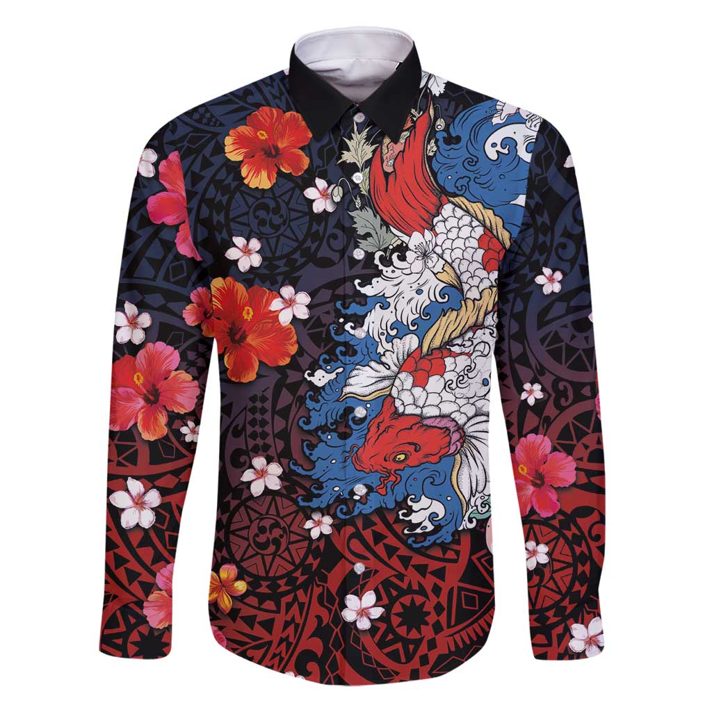 Hawaiian and Japanese Together Family Matching Mermaid Dress and Hawaiian Shirt Hibiscus and Koi Fish Polynesian Pattern Colorful Style