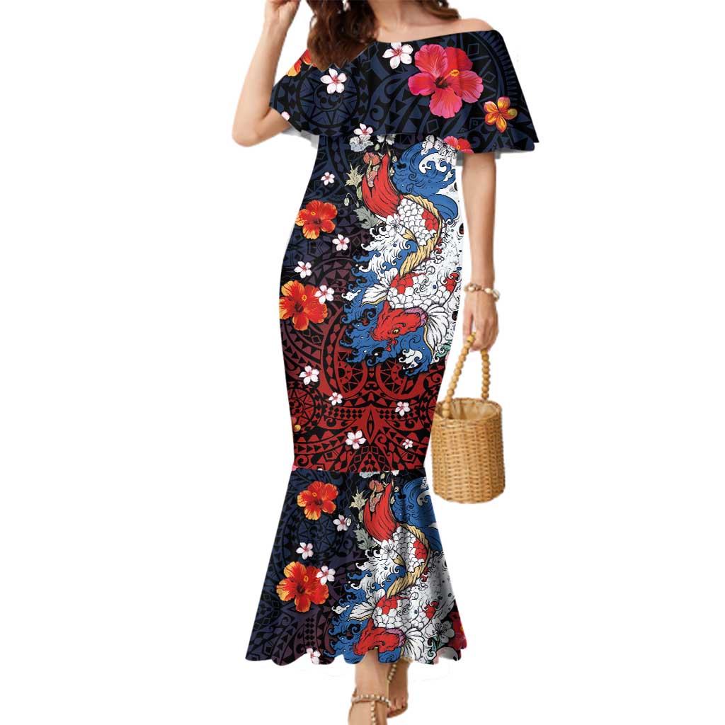 Hawaiian and Japanese Together Family Matching Mermaid Dress and Hawaiian Shirt Hibiscus and Koi Fish Polynesian Pattern Colorful Style