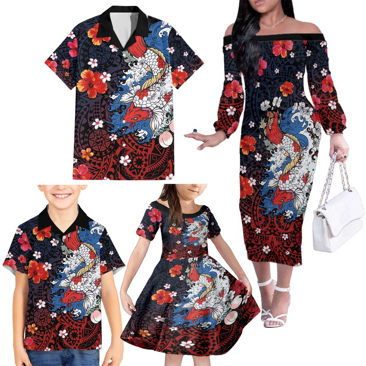 Hawaiian and Japanese Together Family Matching Off The Shoulder Long Sleeve Dress and Hawaiian Shirt Hibiscus and Koi Fish Polynesian Pattern Colorful Style LT03 - Polynesian Pride