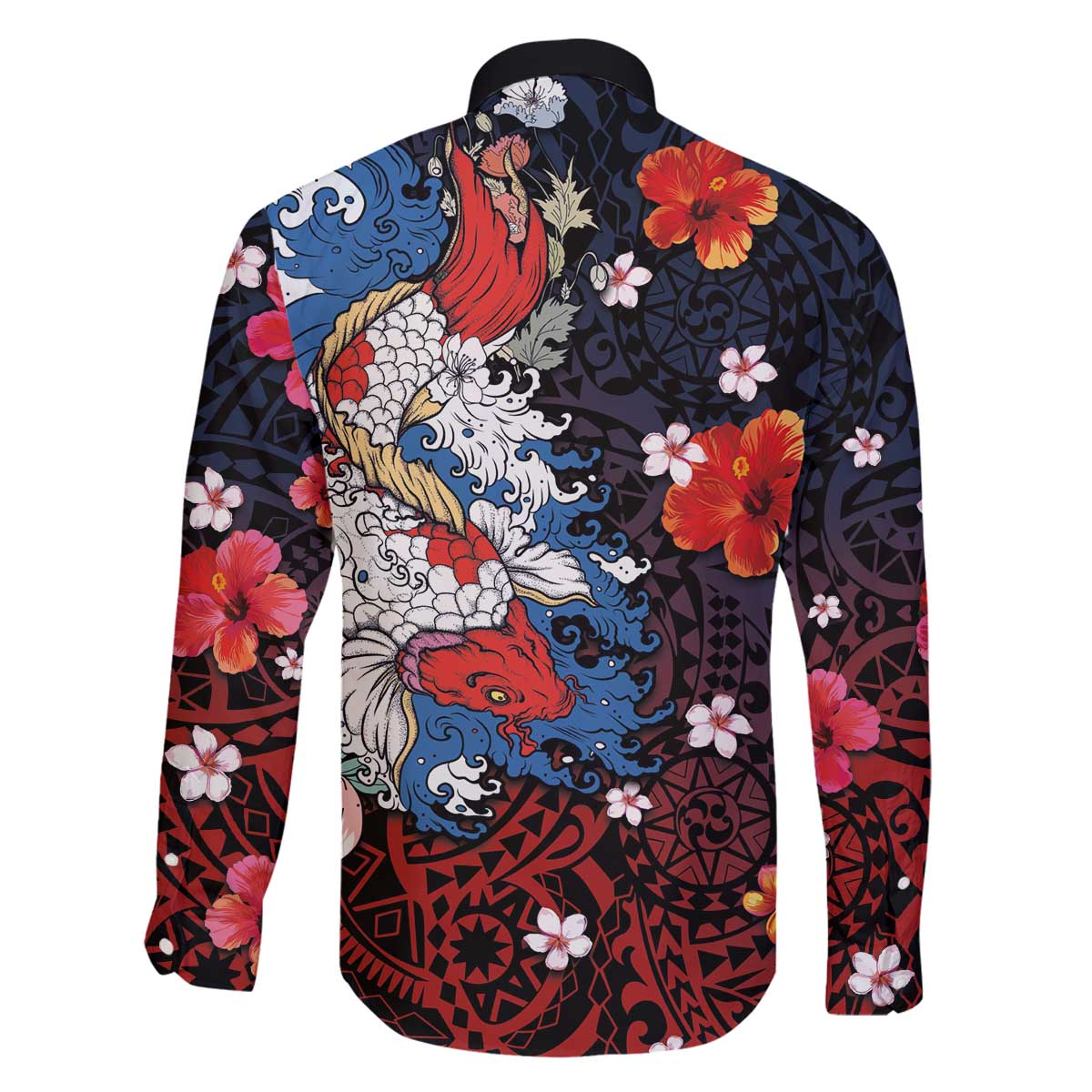 Hawaiian and Japanese Together Family Matching Off Shoulder Short Dress and Hawaiian Shirt Hibiscus and Koi Fish Polynesian Pattern Colorful Style