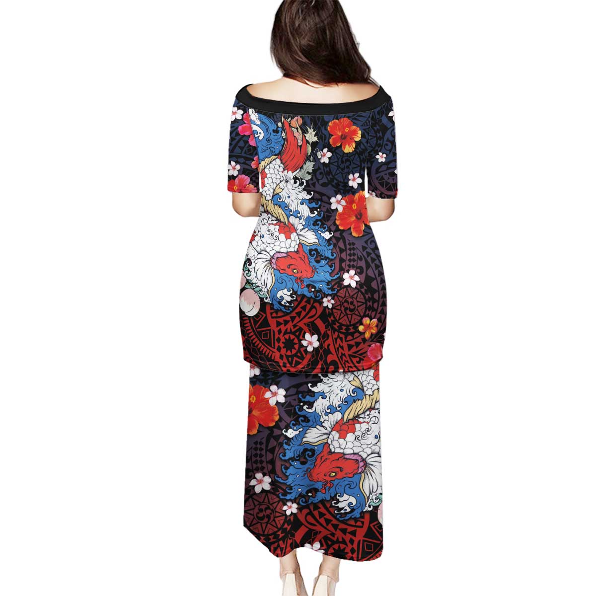 Hawaiian and Japanese Together Family Matching Puletasi and Hawaiian Shirt Hibiscus and Koi Fish Polynesian Pattern Colorful Style