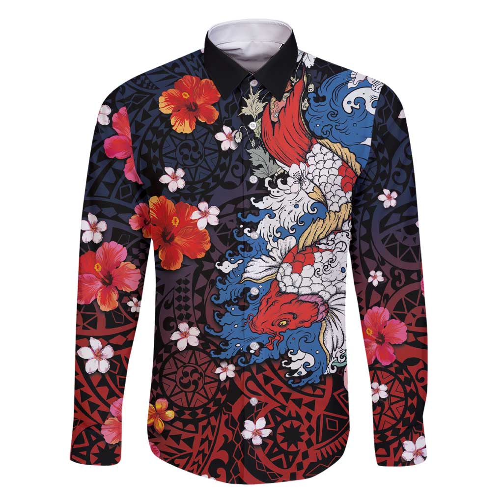 Hawaiian and Japanese Together Family Matching Short Sleeve Bodycon Dress and Hawaiian Shirt Hibiscus and Koi Fish Polynesian Pattern Colorful Style