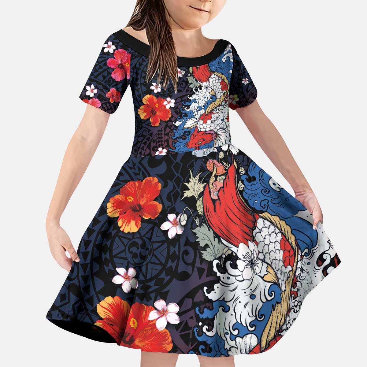 Hawaiian and Japanese Together Kid Short Sleeve Dress Hibiscus and Koi Fish Polynesian Pattern Colorful Style