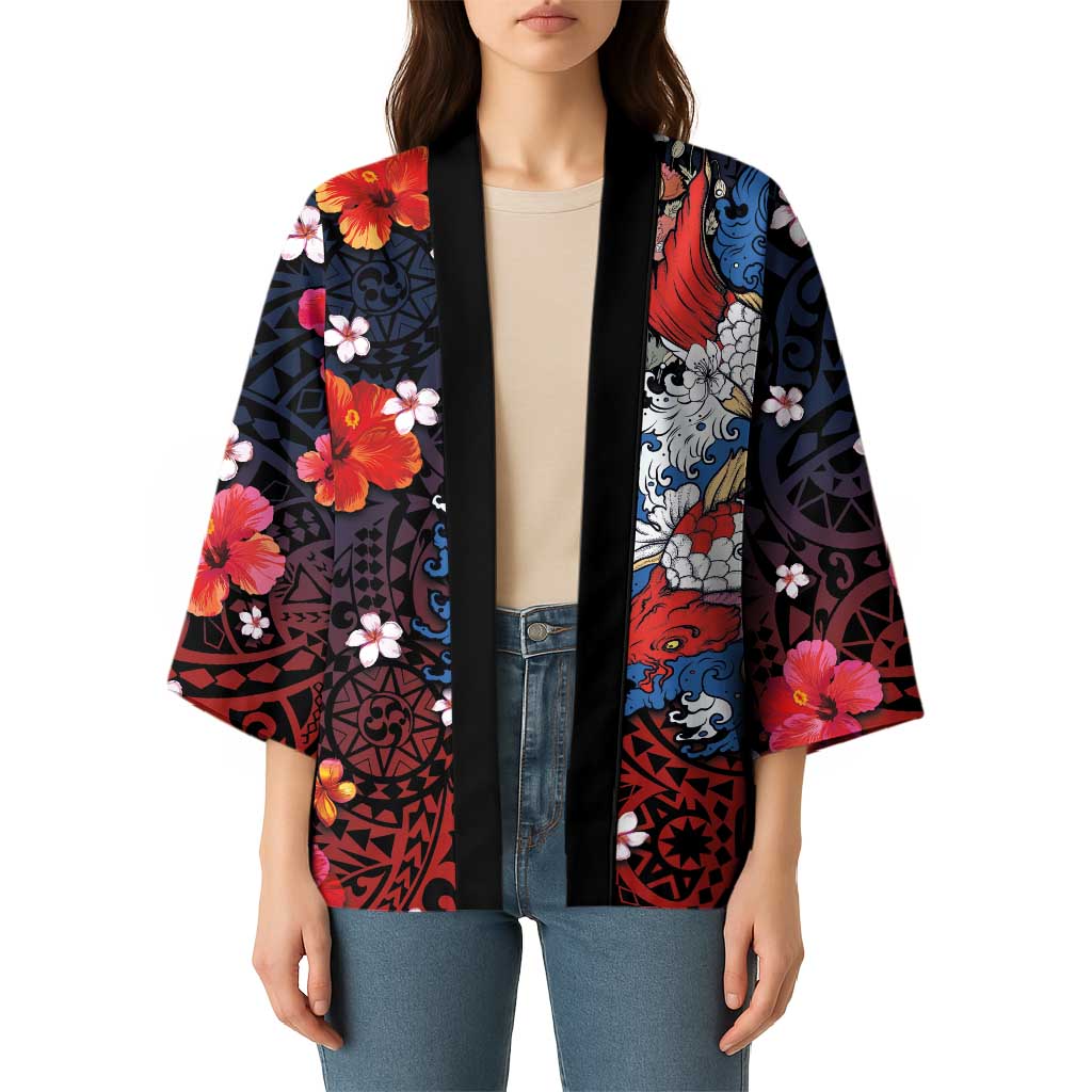 Hawaiian and Japanese Together Kimono Hibiscus and Koi Fish Polynesian Pattern Colorful Style - Polynesian Pride