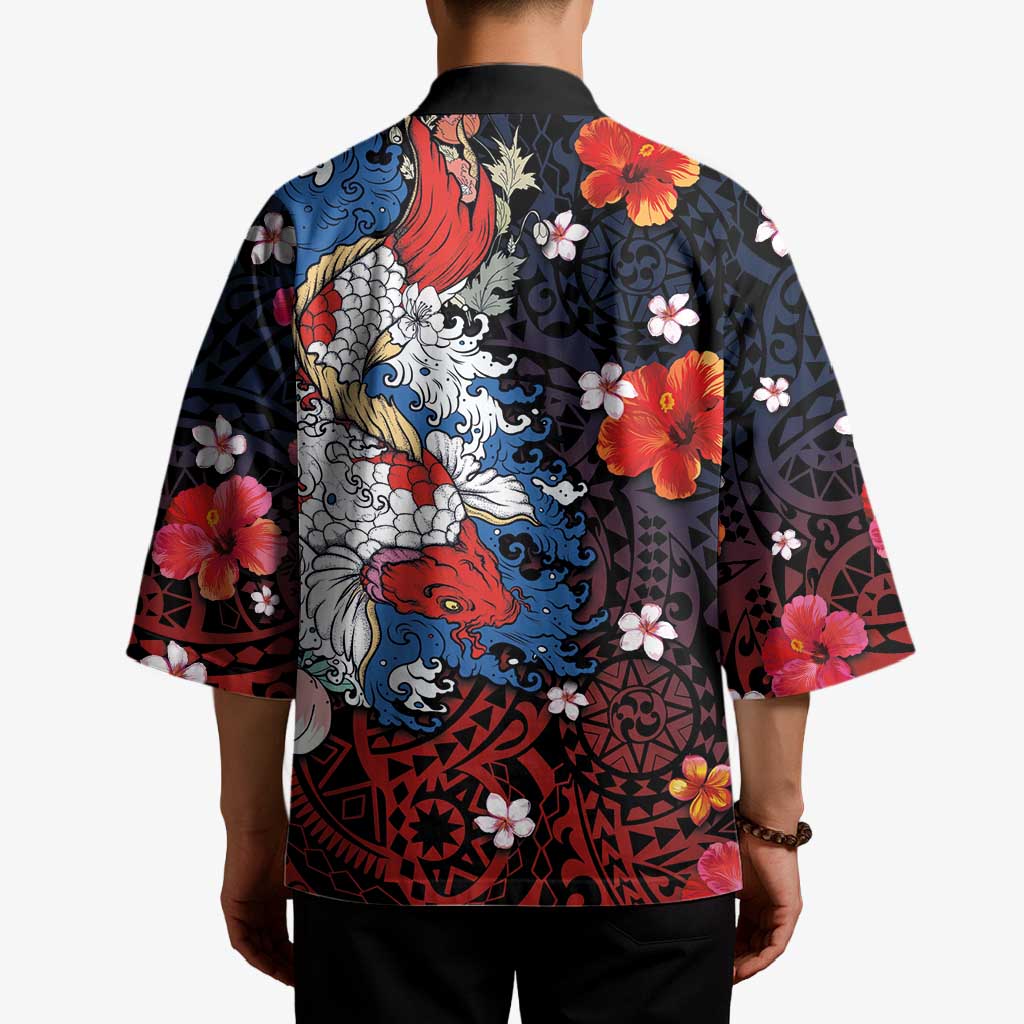 Hawaiian and Japanese Together Kimono Hibiscus and Koi Fish Polynesian Pattern Colorful Style - Polynesian Pride