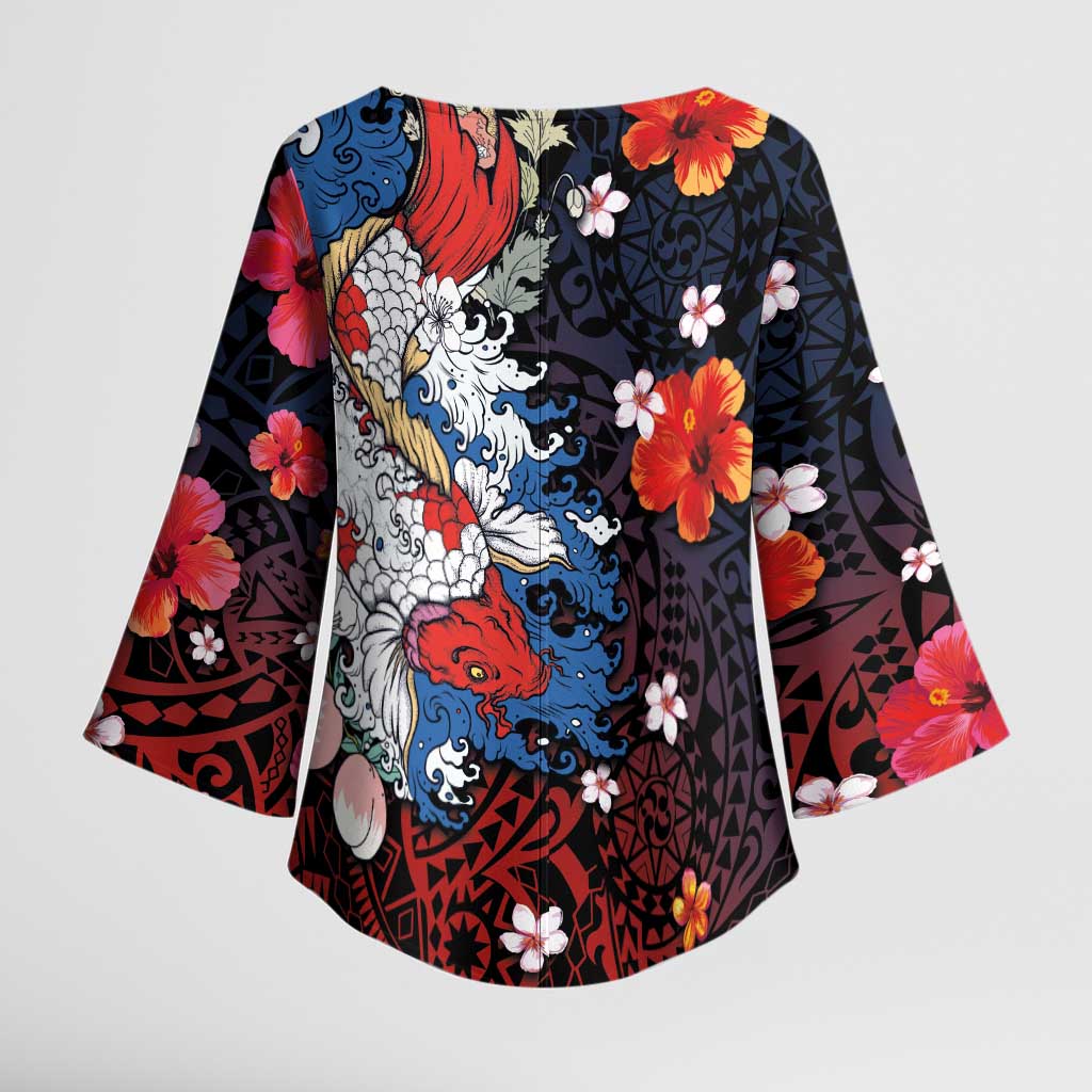 Hawaiian and Japanese Together Kimono Sleeve Blouse Hibiscus and Koi Fish Polynesian Pattern Colorful Style - Polynesian Pride