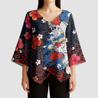 Hawaiian and Japanese Together Kimono Sleeve Blouse Hibiscus and Koi Fish Polynesian Pattern Colorful Style - Polynesian Pride