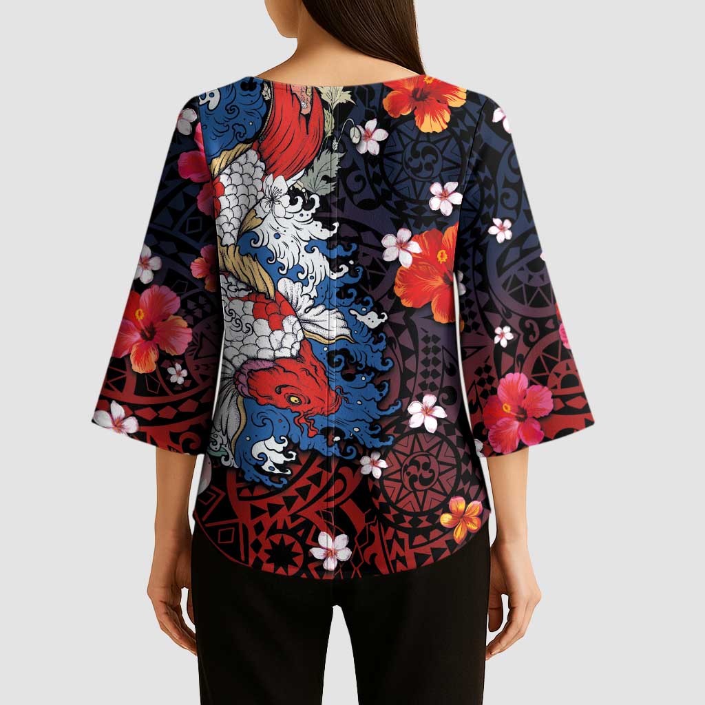 Hawaiian and Japanese Together Kimono Sleeve Blouse Hibiscus and Koi Fish Polynesian Pattern Colorful Style - Polynesian Pride