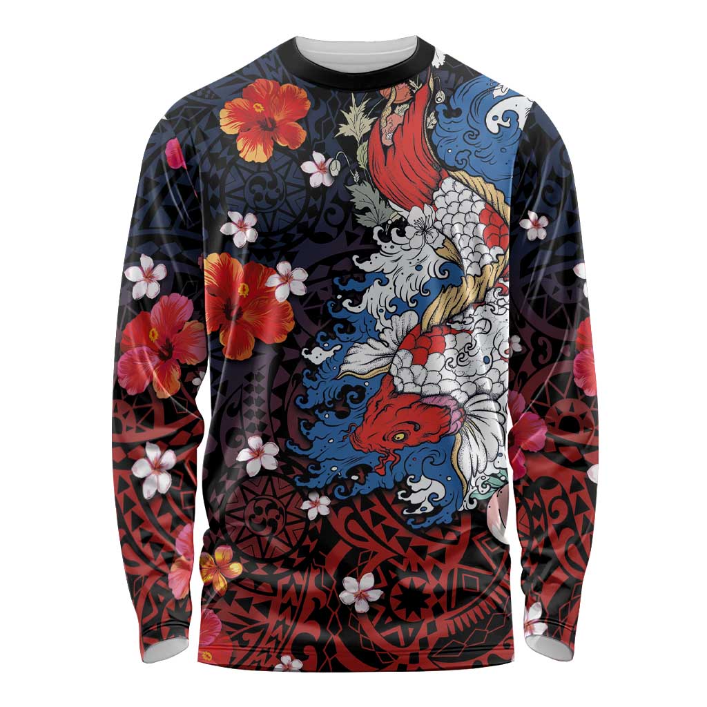 Hawaiian and Japanese Together Long Sleeve Shirt Hibiscus and Koi Fish Polynesian Pattern Colorful Style LT03 Unisex Red - Polynesian Pride
