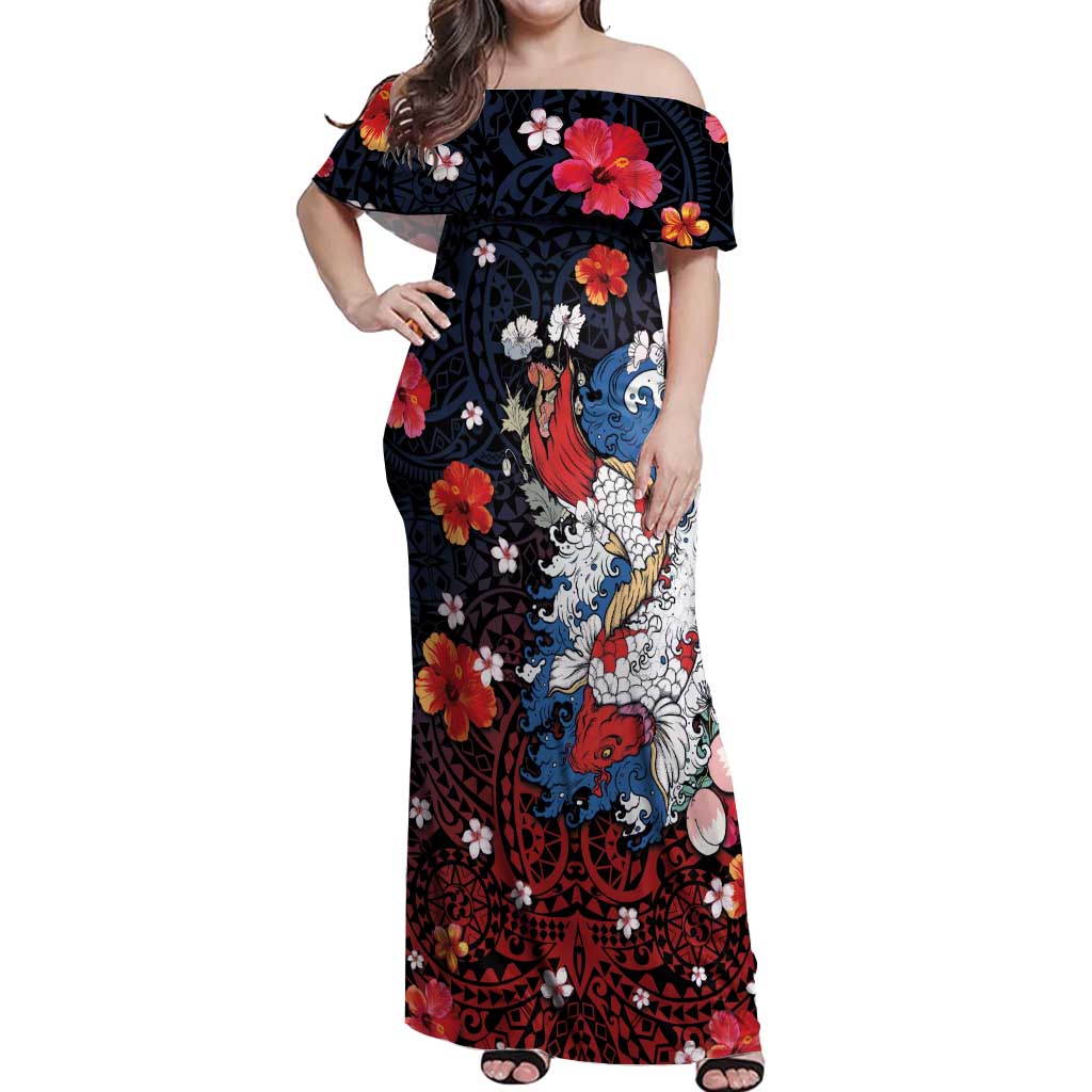 Hawaiian and Japanese Together Off Shoulder Maxi Dress Hibiscus and Koi Fish Polynesian Pattern Colorful Style