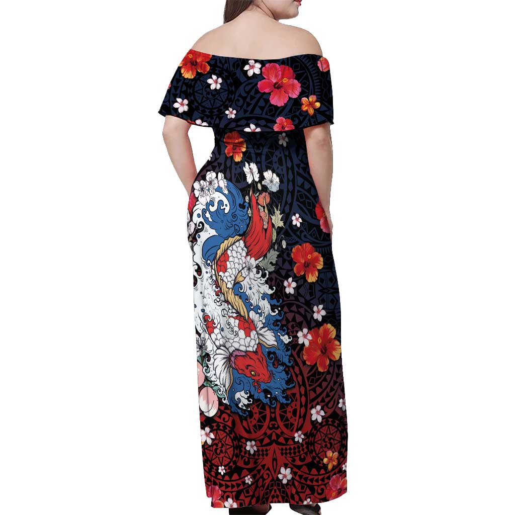 Hawaiian and Japanese Together Off Shoulder Maxi Dress Hibiscus and Koi Fish Polynesian Pattern Colorful Style