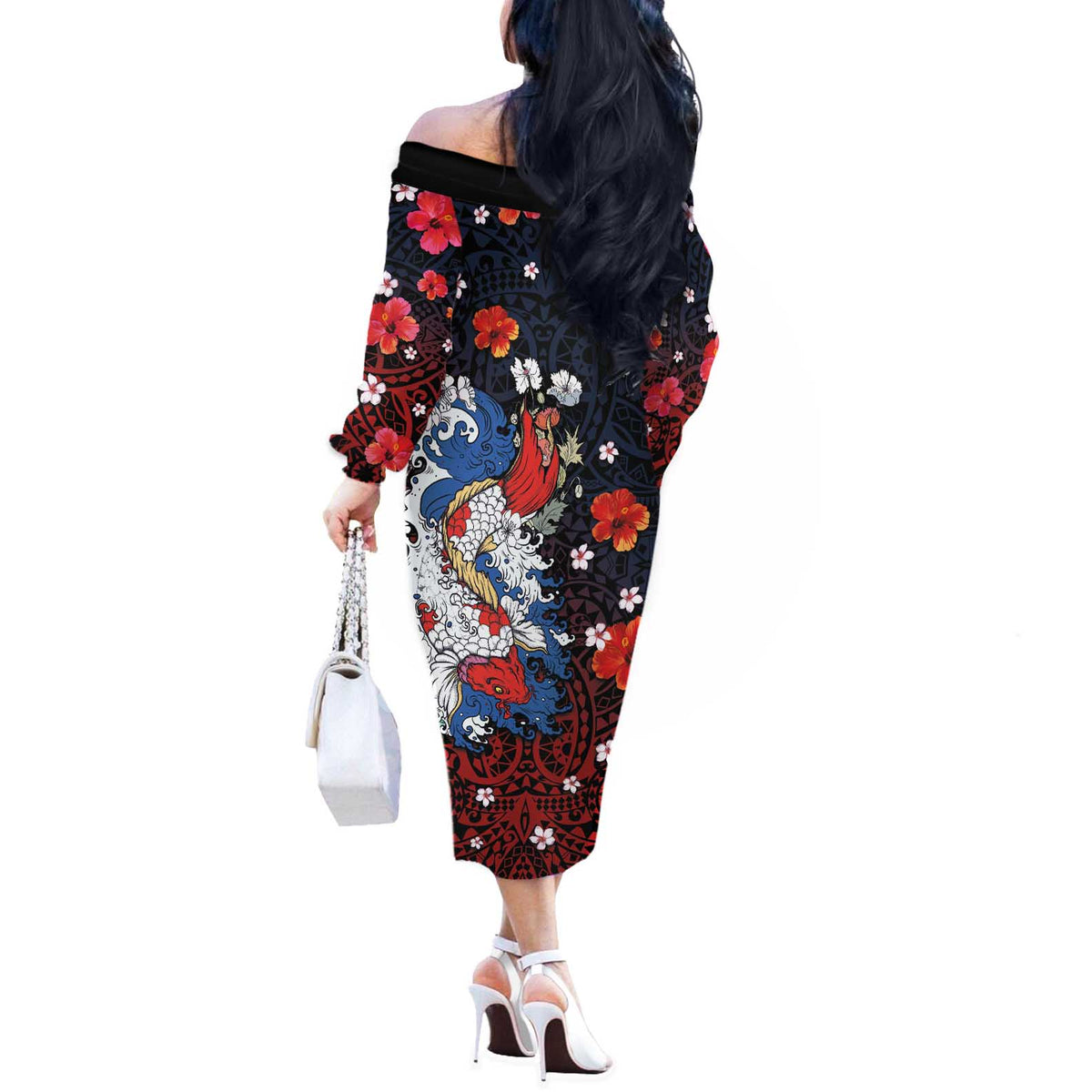 Hawaiian and Japanese Together Off The Shoulder Long Sleeve Dress Hibiscus and Koi Fish Polynesian Pattern Colorful Style