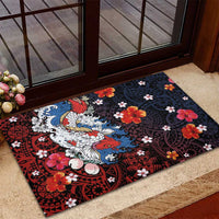 Hawaiian and Japanese Together Rubber Doormat Hibiscus and Koi Fish Polynesian Pattern Colorful Style