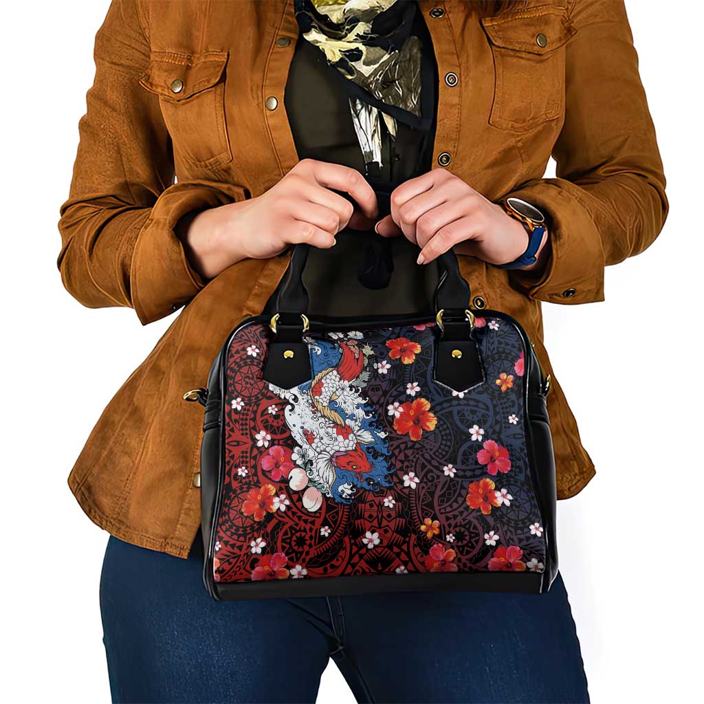 Hawaiian and Japanese Together Shoulder Handbag Hibiscus and Koi Fish Polynesian Pattern Colorful Style