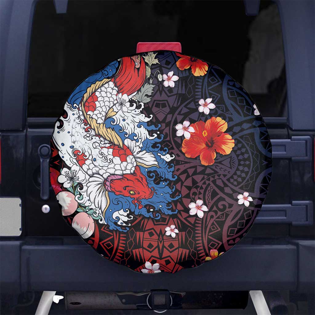 Hawaiian and Japanese Together Spare Tire Cover Hibiscus and Koi Fish Polynesian Pattern Colorful Style