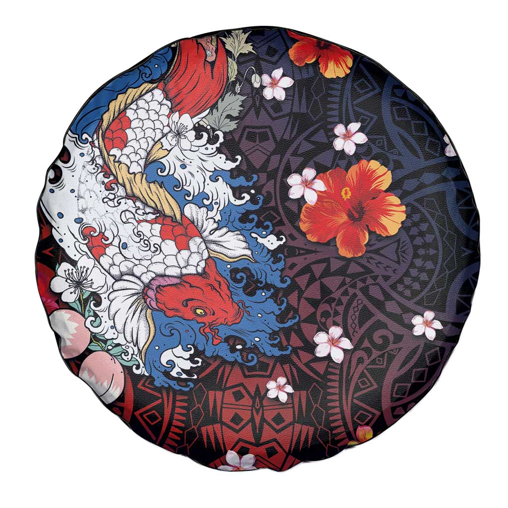 Hawaiian and Japanese Together Spare Tire Cover Hibiscus and Koi Fish Polynesian Pattern Colorful Style