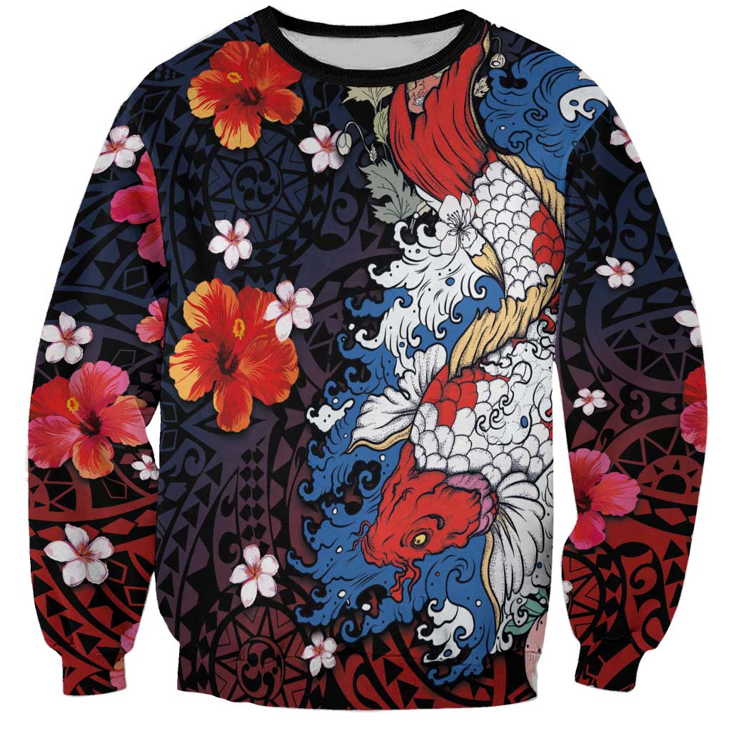 Hawaiian and Japanese Together Sweatshirt Hibiscus and Koi Fish Polynesian Pattern Colorful Style