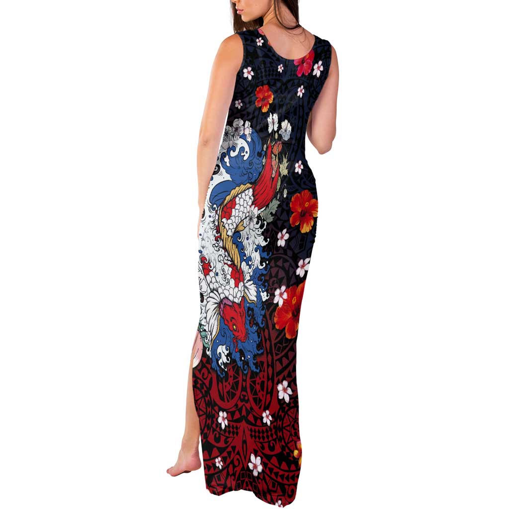 Hawaiian and Japanese Together Tank Maxi Dress Hibiscus and Koi Fish Polynesian Pattern Colorful Style