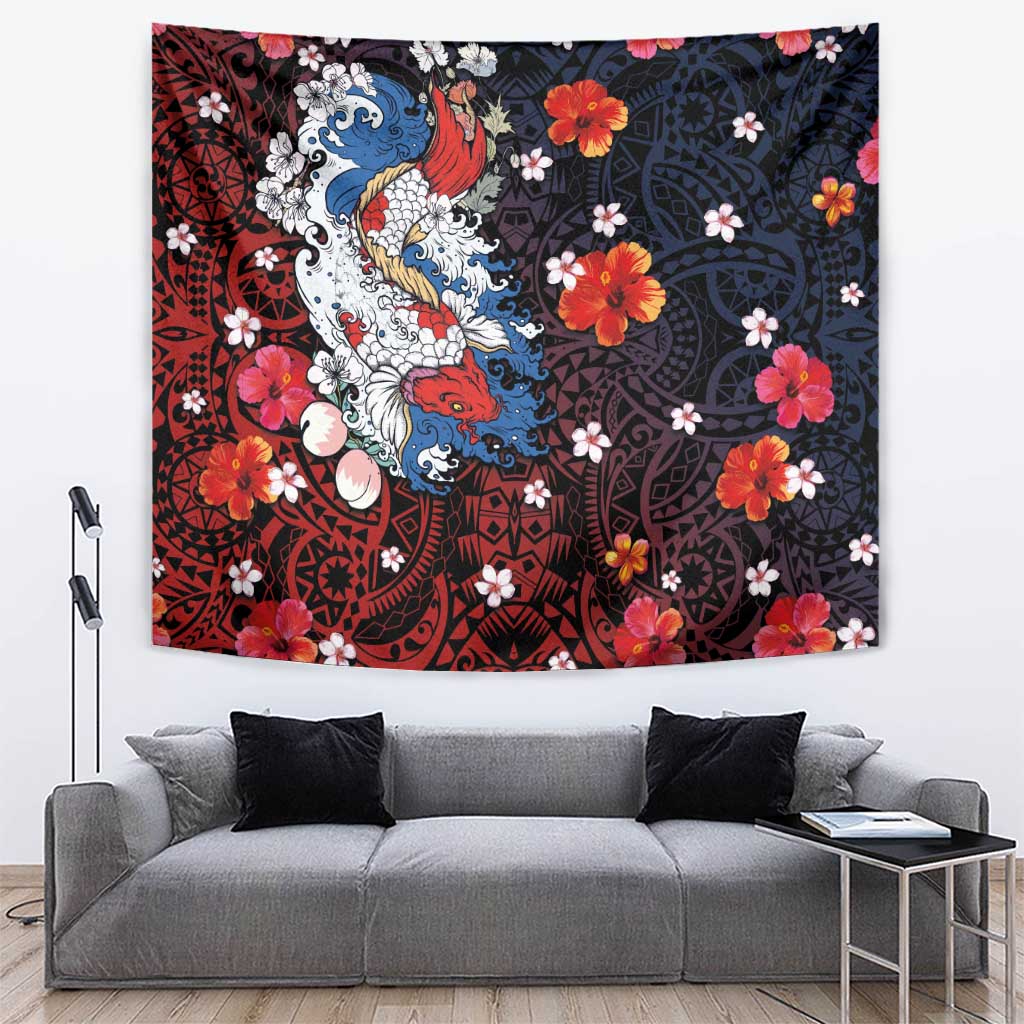Hawaiian and Japanese Together Tapestry Hibiscus and Koi Fish Polynesian Pattern Colorful Style LT03 Red - Polynesian Pride