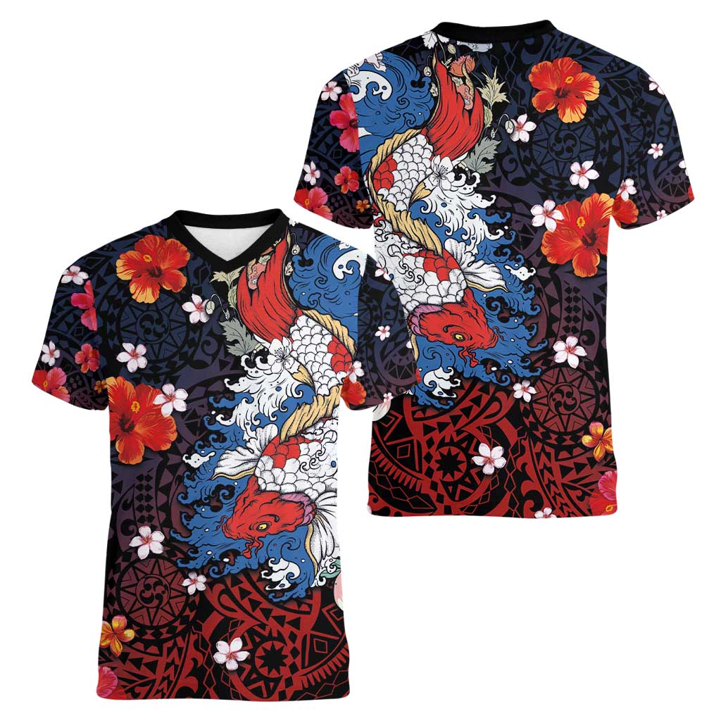 Hawaiian and Japanese Together Women V-Neck T-Shirt Hibiscus and Koi Fish Polynesian Pattern Colorful Style