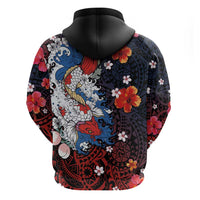 Hawaiian and Japanese Together Zip Hoodie Hibiscus and Koi Fish Polynesian Pattern Colorful Style