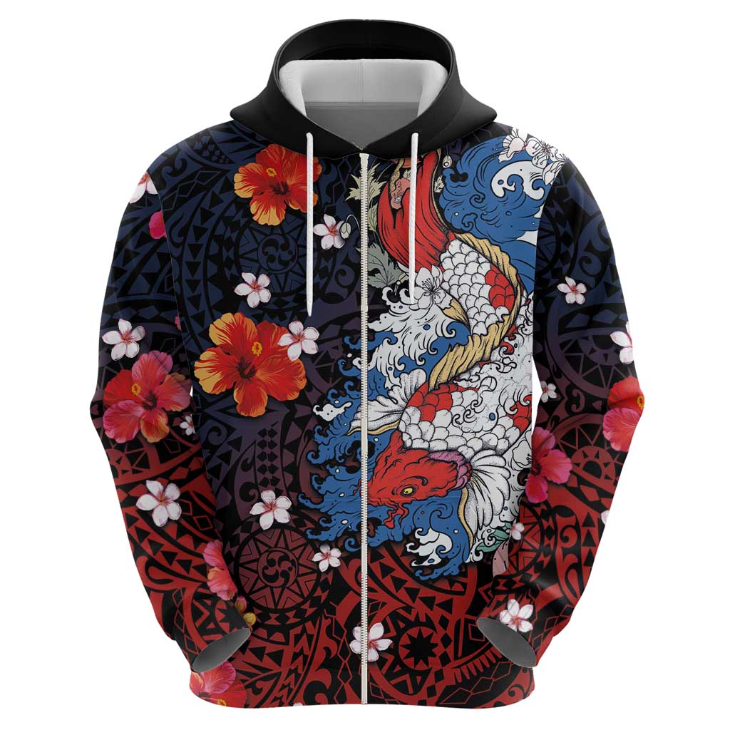 Hawaiian and Japanese Together Zip Hoodie Hibiscus and Koi Fish Polynesian Pattern Colorful Style