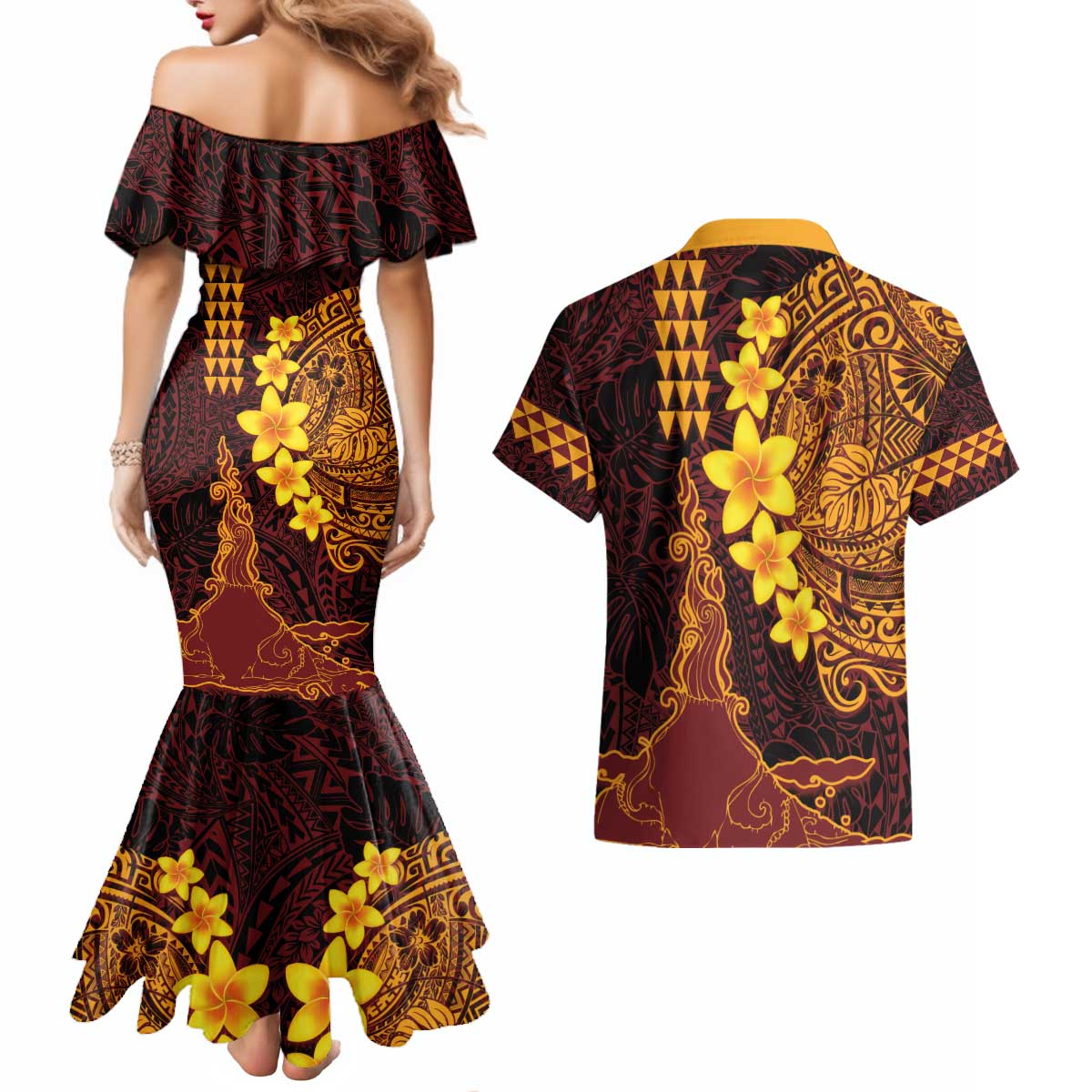 Hawaii Volcano Couples Matching Mermaid Dress and Hawaiian Shirt Polynesian and Kakau Pattern