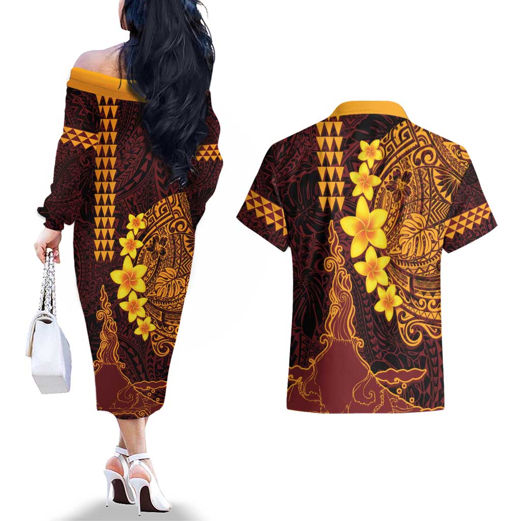 Hawaii Volcano Couples Matching Off The Shoulder Long Sleeve Dress and Hawaiian Shirt Polynesian and Kakau Pattern