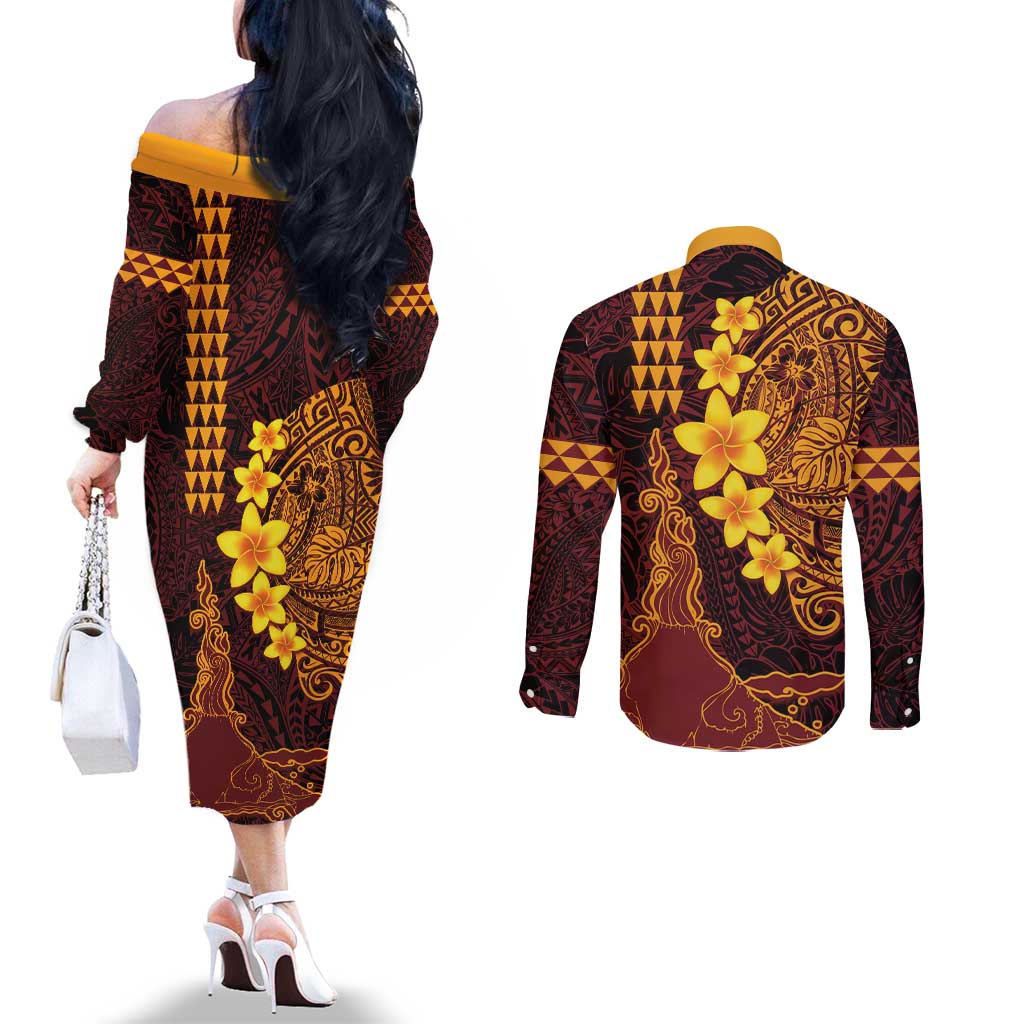 Hawaii Volcano Couples Matching Off The Shoulder Long Sleeve Dress and Long Sleeve Button Shirt Polynesian and Kakau Pattern