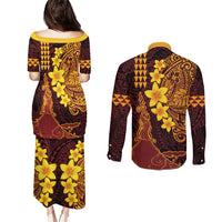 Hawaii Volcano Couples Matching Puletasi and Long Sleeve Button Shirt Polynesian and Kakau Pattern