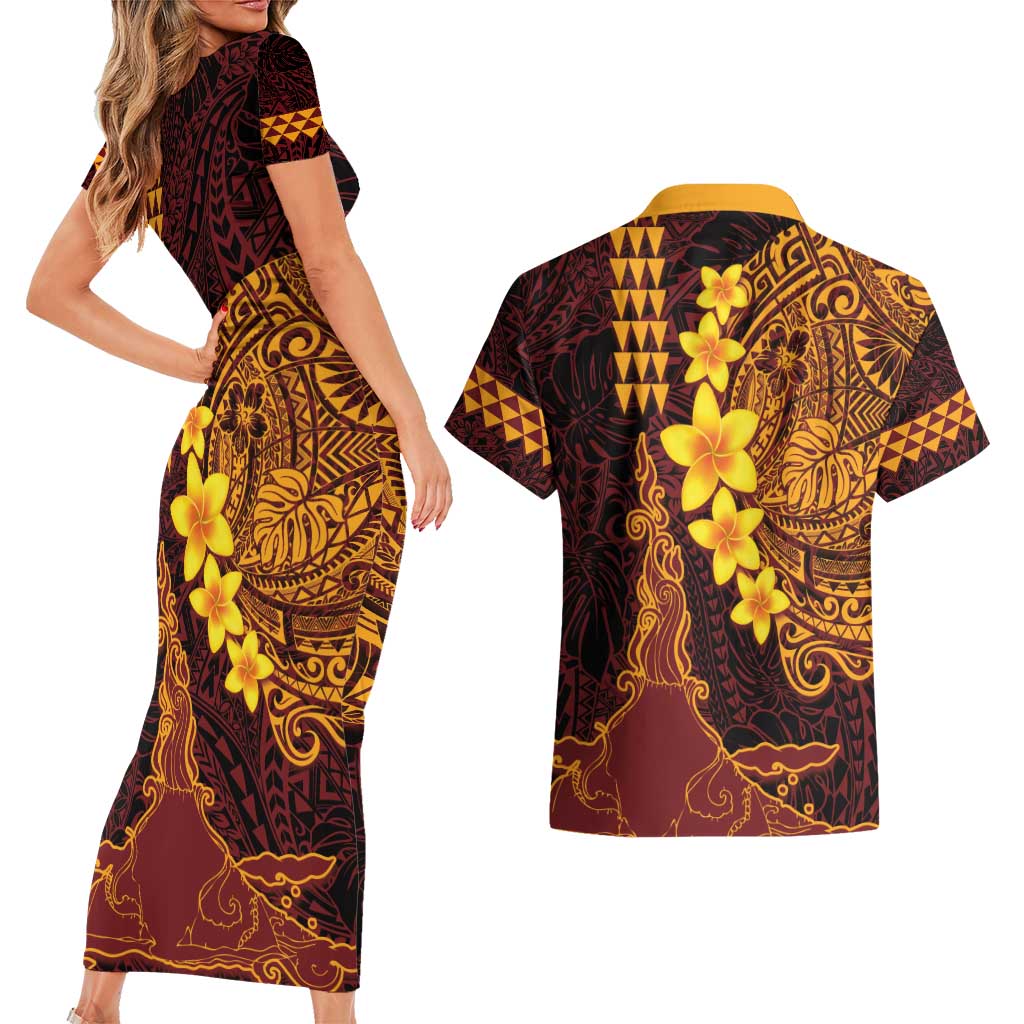 Hawaii Volcano Couples Matching Short Sleeve Bodycon Dress and Hawaiian Shirt Polynesian and Kakau Pattern