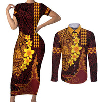 Hawaii Volcano Couples Matching Short Sleeve Bodycon Dress and Long Sleeve Button Shirt Polynesian and Kakau Pattern