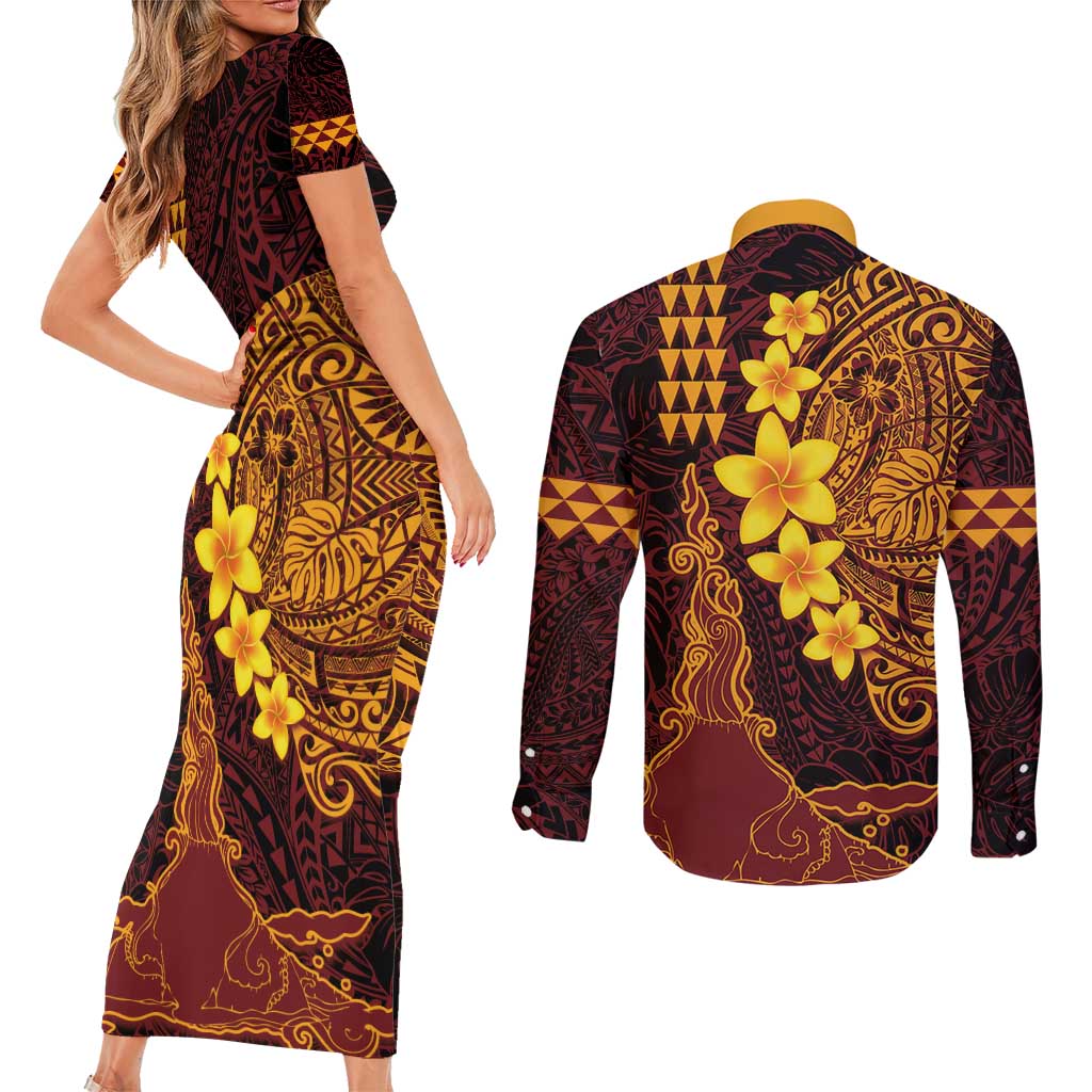 Hawaii Volcano Couples Matching Short Sleeve Bodycon Dress and Long Sleeve Button Shirt Polynesian and Kakau Pattern