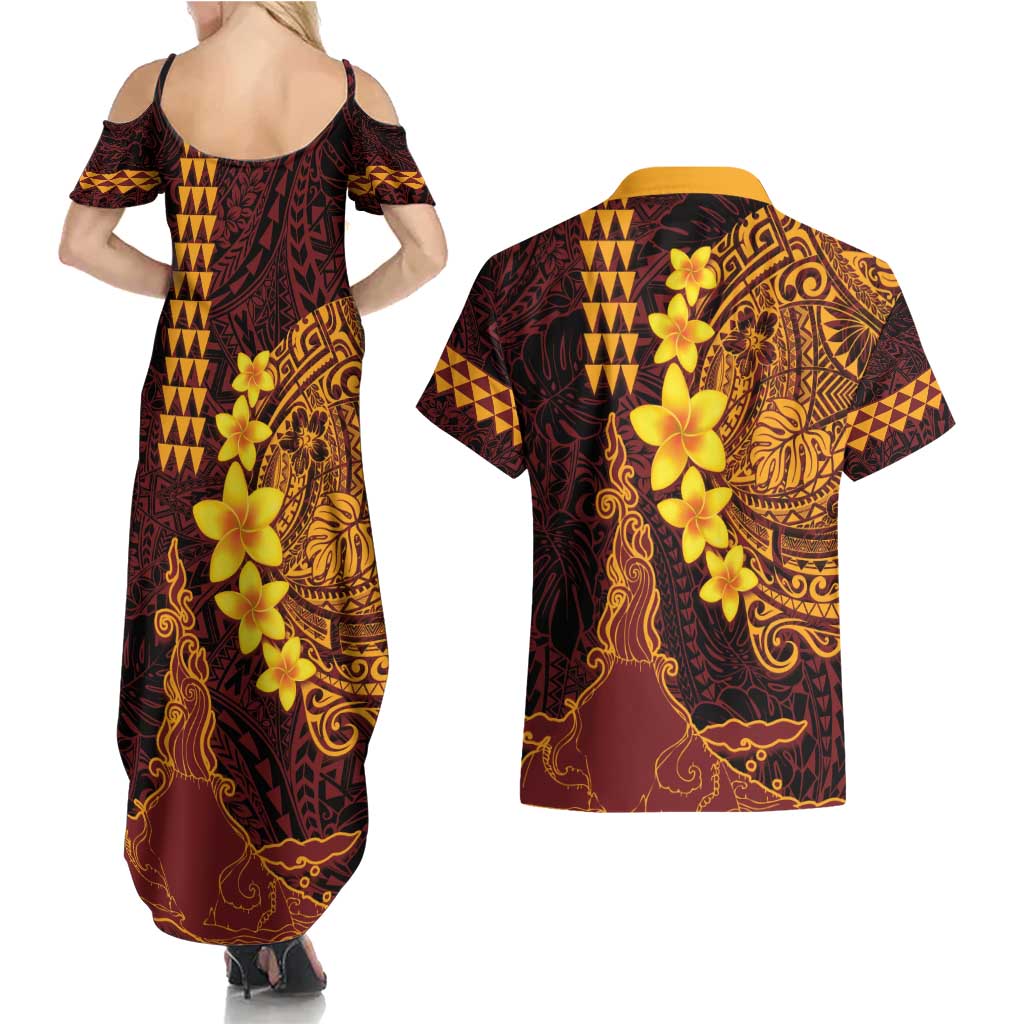 Hawaii Volcano Couples Matching Summer Maxi Dress and Hawaiian Shirt Polynesian and Kakau Pattern