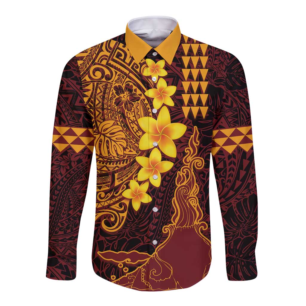 Hawaii Volcano Long Sleeve Button Shirt Polynesian and Kakau Pattern