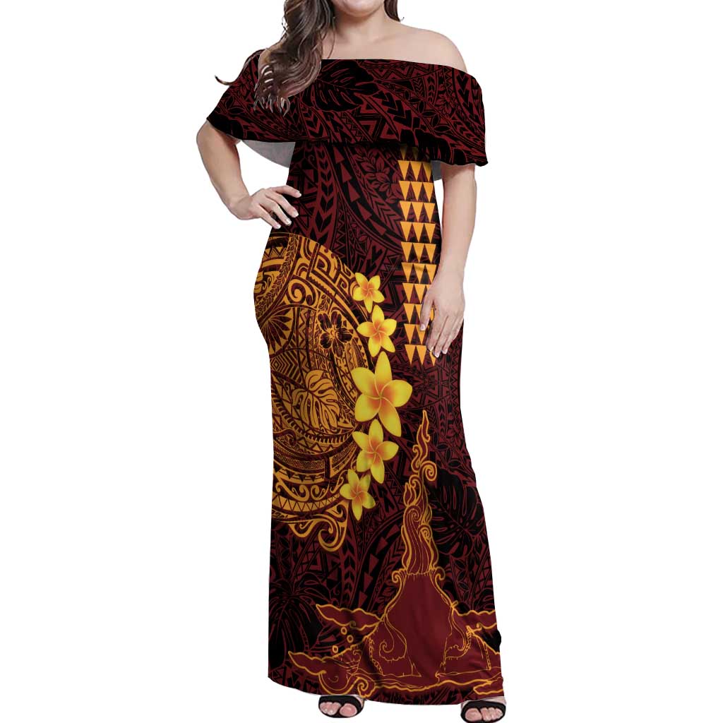 Hawaii Volcano Off Shoulder Maxi Dress Polynesian and Kakau Pattern