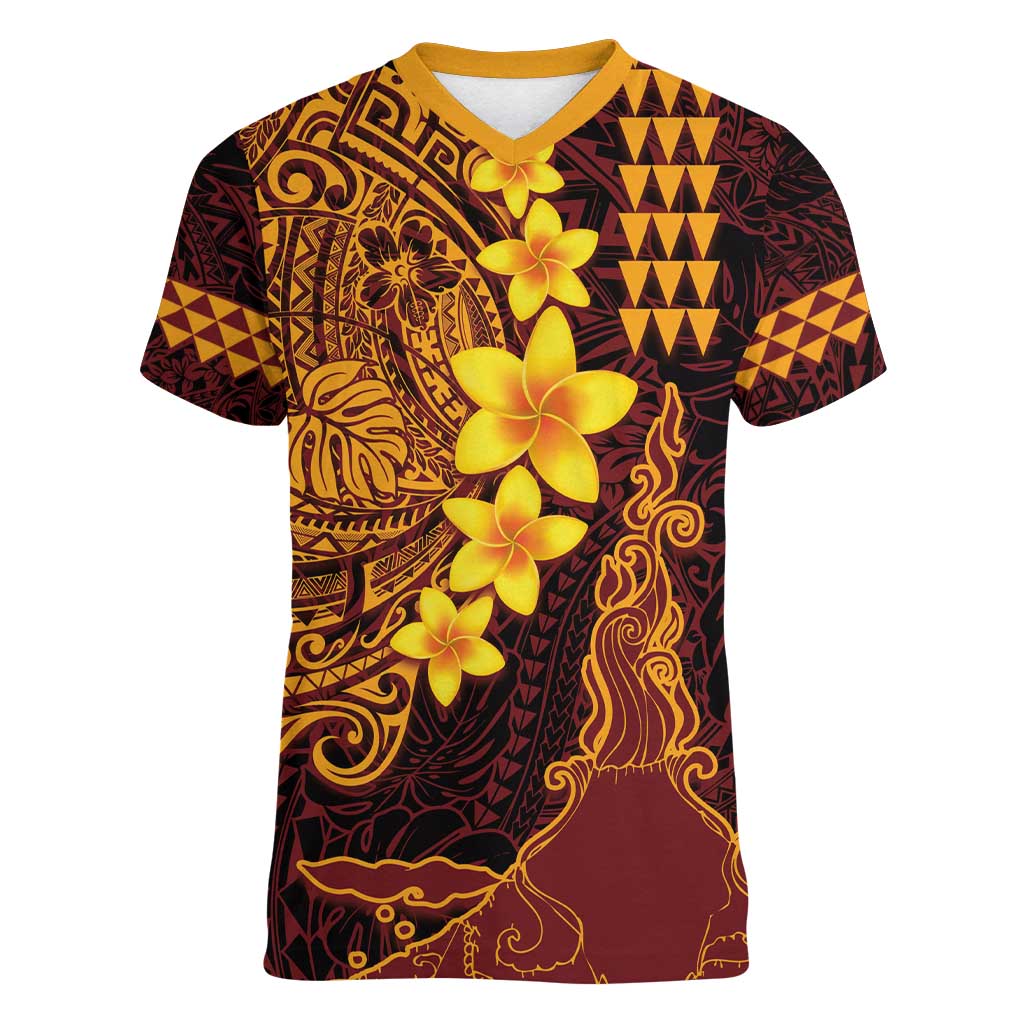 Hawaii Volcano Women V-Neck T-Shirt Polynesian and Kakau Pattern LT03 Female Red - Polynesian Pride