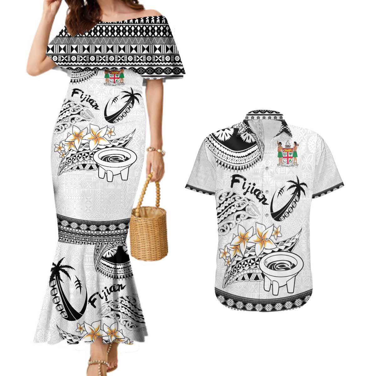 Fijian Traditional Culture Couples Matching Mermaid Dress and Hawaiian Shirt Tapa Tribal Tattoos - Polynesian Pride