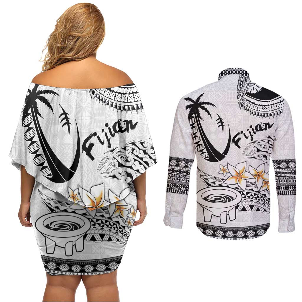 Fijian Traditional Culture Couples Matching Off Shoulder Short Dress and Long Sleeve Button Shirt Tapa Tribal Tattoos - Polynesian Pride