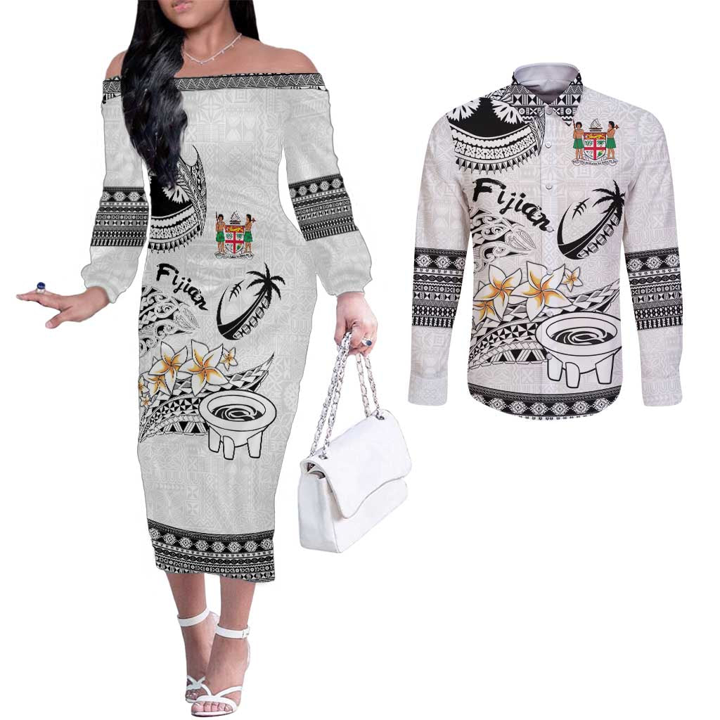 Fijian Traditional Culture Couples Matching Off The Shoulder Long Sleeve Dress and Long Sleeve Button Shirt Tapa Tribal Tattoos - Polynesian Pride