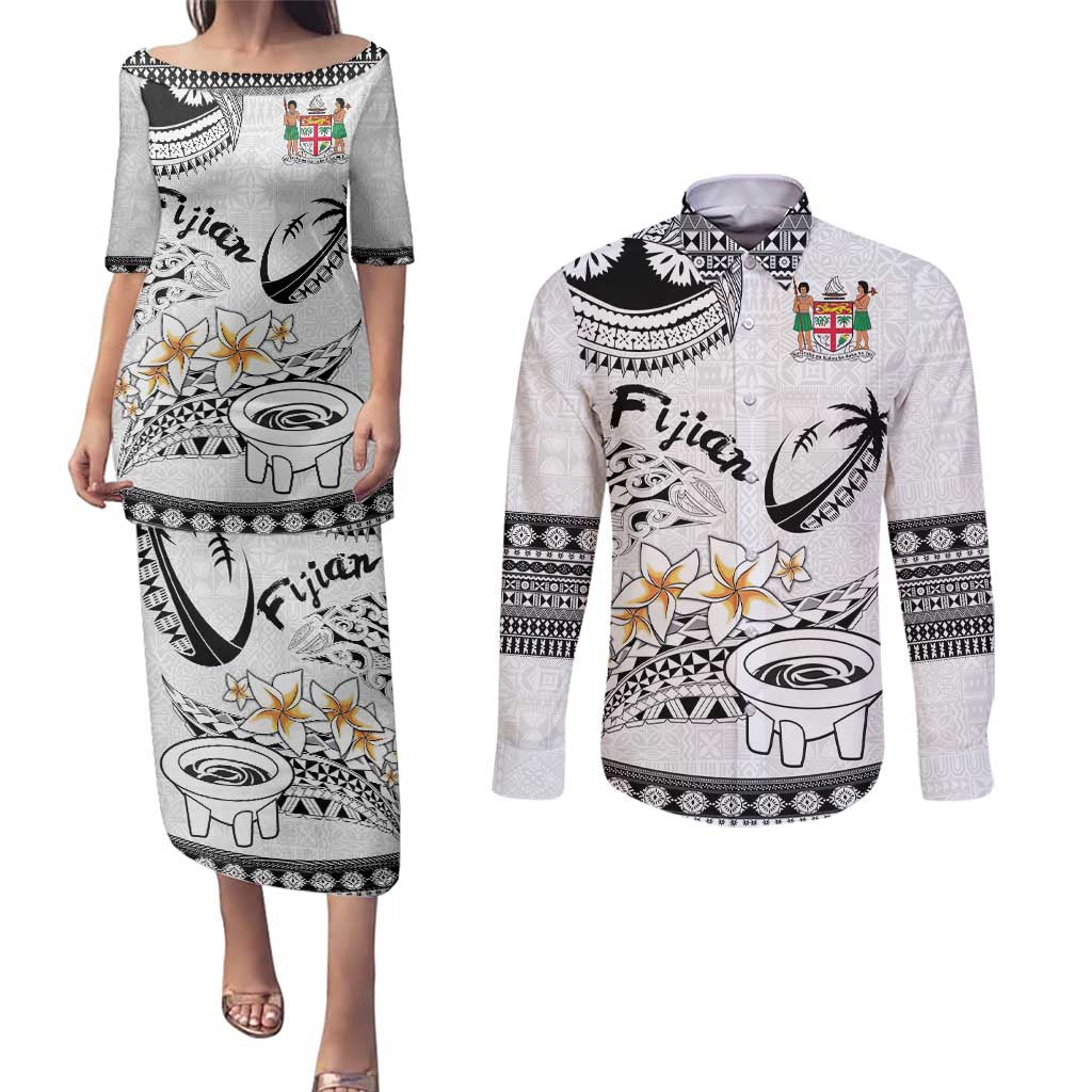 Fijian Traditional Culture Couples Matching Puletasi and Long Sleeve Button Shirt Tapa Tribal Tattoos - Polynesian Pride