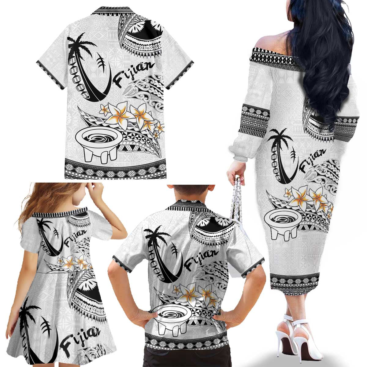 Fijian Traditional Culture Family Matching Off The Shoulder Long Sleeve Dress and Hawaiian Shirt Tapa Tribal Tattoos - Polynesian Pride