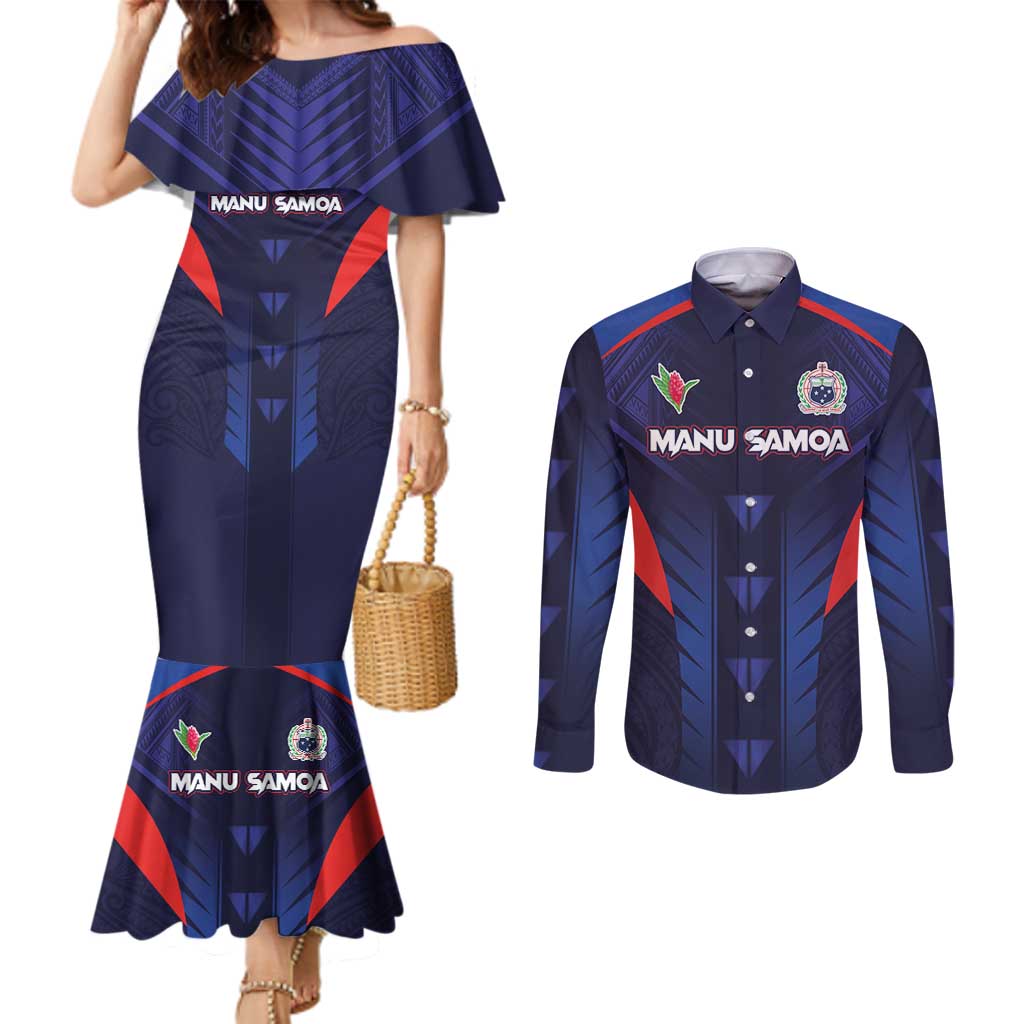 Custom Rugby Samoa Couples Matching Mermaid Dress and Long Sleeve Button Shirt Siva Tau Spirit Sporty Vibes LT03 Navy - Polynesian Pride